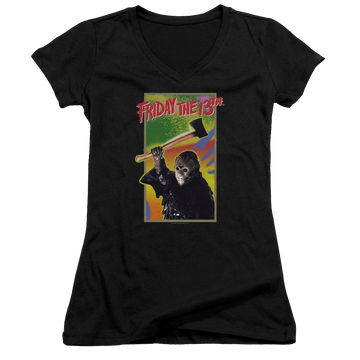 Black juniors v-neck t-shirt with Friday The 13th Retro Game graphic