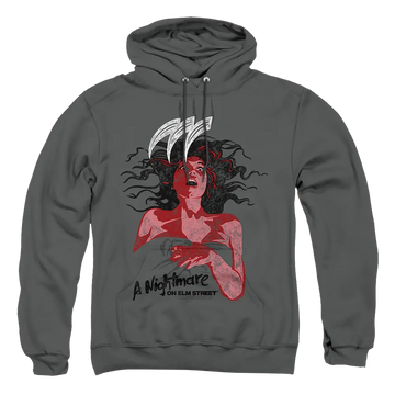 Charcoal pullover hoodie with A Nightmare on Elm Street Illustrated European Poster graphic