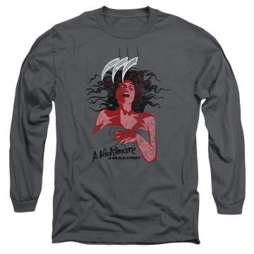 Charcoal men's long sleeve t-shirt with A Nightmare on Elm Street Illustrated European Poster graphic