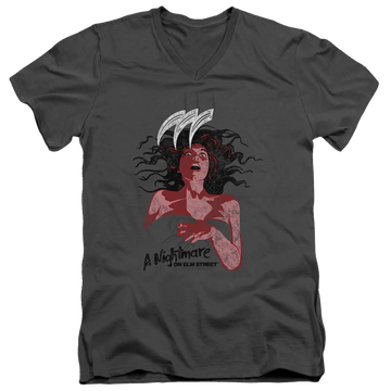 Charcoal men's v-neck t-shirt with A Nightmare on Elm Street Illustrated European Poster graphic