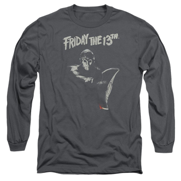 Charcoal men's long sleeve t-shirt with Friday The 13th Ax graphic
