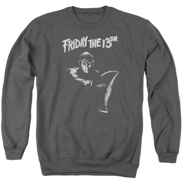 Charcoal men's crewneck sweatshirt with Friday The 13th Ax graphic