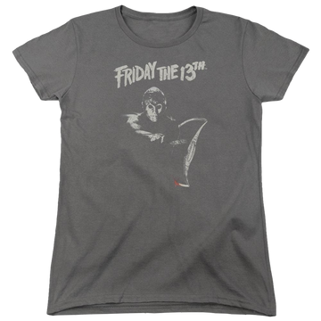 Charcoal women's t-shirt with Friday The 13th Ax graphic