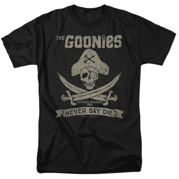 Black men's regular fit t-shirt with The Goonies Never Say Die graphic