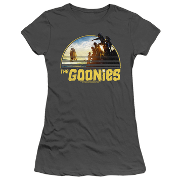 Charcoal juniors t-shirt with The Goonies Pirate Ship graphic