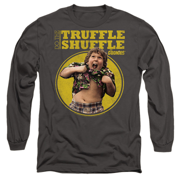 Charcoal men's long sleeve t-shirt with The Goonies Chunk Truffle Shuffle graphic