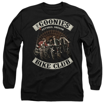 Black men's long sleeve t-shirt with The Goonies Bike Club graphic