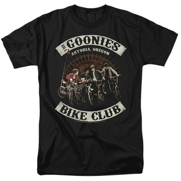 Black men's regular fit t-shirt with The Goonies Bike Club graphic