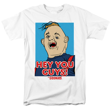 White men's regular fit t-shirt with The Goonies Sloth Hey You Guys graphic