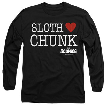 Black men's long sleeve t-shirt with The Goonies Sloth Heart Chunk graphic