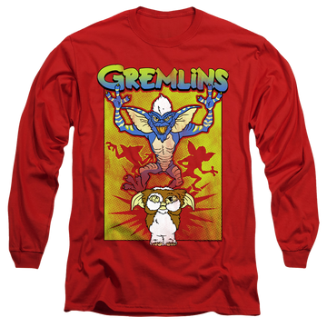 Red men's long sleeve t-shirt with Gremlins Be Afraid graphic
