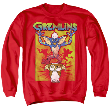 Red men's crewneck sweatshirt with Gremlins Be Afraid graphic
