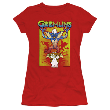 Red juniors t-shirt with Gremlins Be Afraid graphic