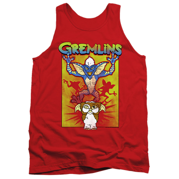 Red men's tank with Gremlins Be Afraid graphic