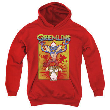 Red youth hoodie for ages 8 to 12 with Gremlins Be Afraid graphic