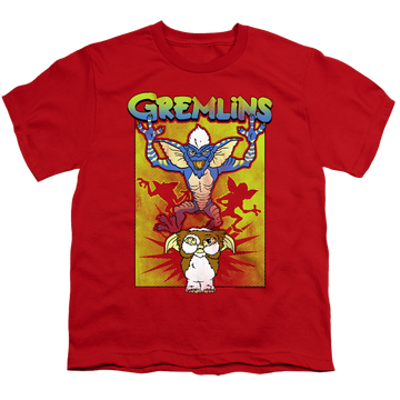 Red youth t-shirt for ages 8 to 12 with Gremlins Be Afraid graphic
