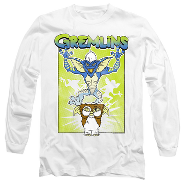 White men's long sleeve t-shirt with Gremlins Be Afraid graphic