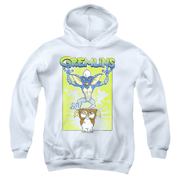 White youth hoodie for ages 8 to 12 with Gremlins Be Afraid graphic