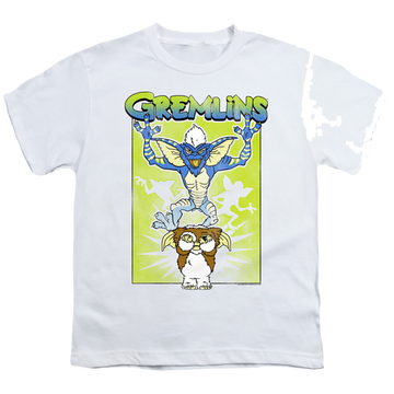 White youth t-shirt for ages 8 to 12 with Gremlins Be Afraid graphic