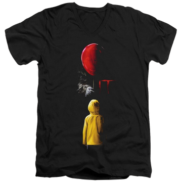 Black men's v-neck t-shirt with IT Red Balloon graphic