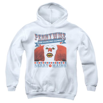 White youth hoodie for ages 8 to 12 with IT TV Miniseries The Dancing Clown graphic
