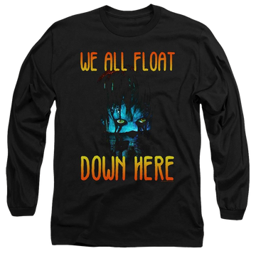 Black men's long sleeve t-shirt with IT We All Float Down Here graphic