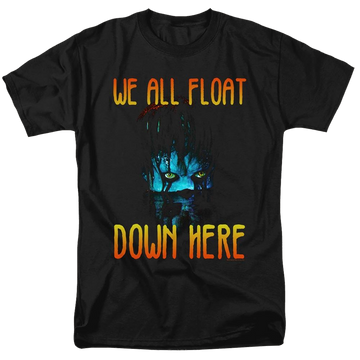 Black men's regular fit t-shirt with IT We All Float Down Here graphic