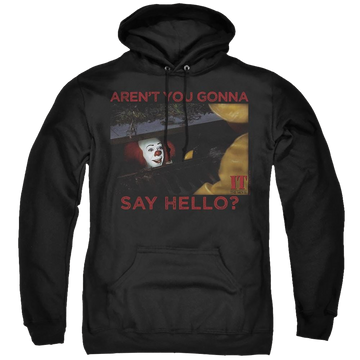 Black pullover hoodie with IT Tv Miniseries Hello graphic