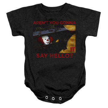 Black baby bodysuit with IT TV Miniseries Hello graphic