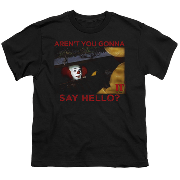 Black youth t-shirt for ages 8 to 12 with IT TV Miniseries Hello graphic