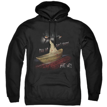 Black pullover hoodie with IT Now We Arent Strangers graphic