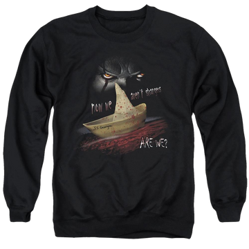 Black men's crewneck sweatshirt with IT Now We Arent Strangers graphic