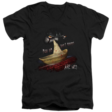 Black men's v-neck t-shirt with IT Now We Arent Strangers graphic