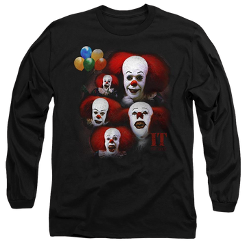 Black men's long sleeve t-shirt with IT Tv Miniseries Many Faces Of Pennywise graphic