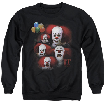 Black men's crewneck sweatshirt with IT Tv Miniseries Many Faces Of Pennywise graphic