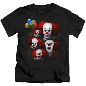 Black kid's t-shirt for ages 4 to 7 with IT TV Miniseries Many Faces Of Pennywise graphic