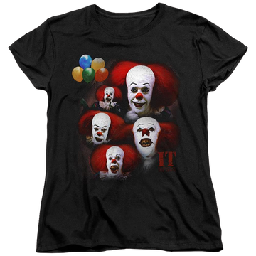 Black women's t-shirt with IT Tv Miniseries Many Faces Of Pennywise graphic