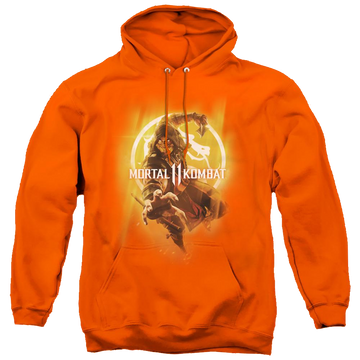 Orange pullover hoodie with Mortal Kombat From The Flames graphic