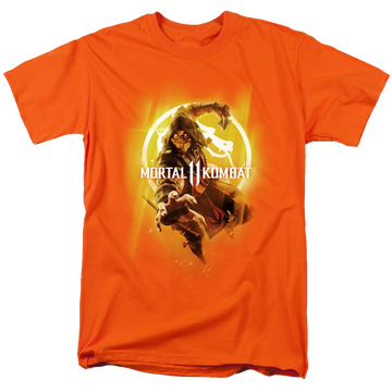 Orange men's regular fit t-shirt with Mortal Kombat From The Flames graphic