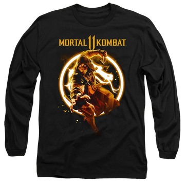 Black men's long sleeve t-shirt with Mortal Kombat Scorpion Flames graphic