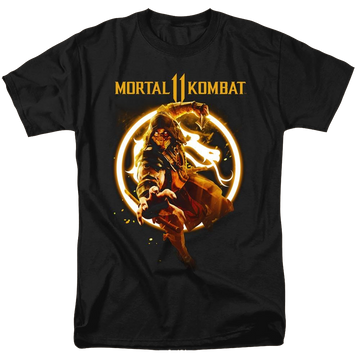 Black men's regular fit t-shirt with Mortal Kombat Scorpion Flames graphic