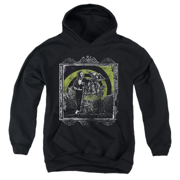 Black youth hoodie for ages 8 to 12 with Beetlejuice Here Lies graphic