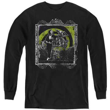 Black youth long sleeve t-shirt with Beetlejuice Here Lies graphic