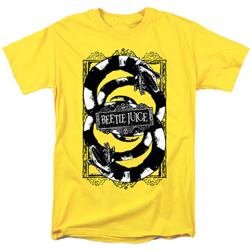 Yellow men's regular fit t-shirt with Beetlejuice We Got Worms graphic