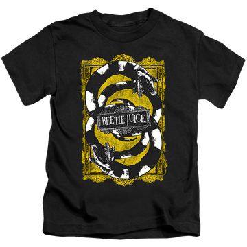 Black kid's t-shirt for ages 4 to 7 with Beetlejuice We Got Worms graphic