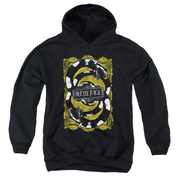 Black youth hoodie for ages 8 to 12 with Beetlejuice We Got Worms graphic