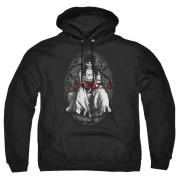 Black pullover hoodie with Annabelle graphic