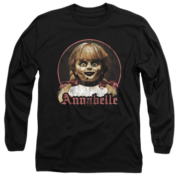 Black men's long sleeve t-shirt with Annabelle Portrait graphic