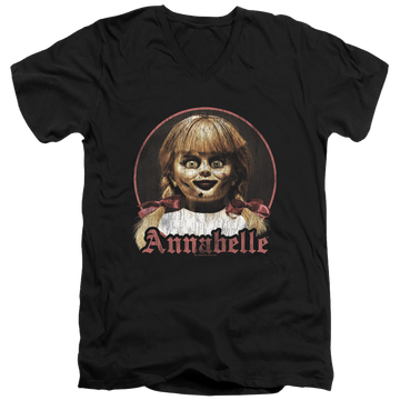 Black men's v-neck t-shirt with Annabelle Portrait graphic