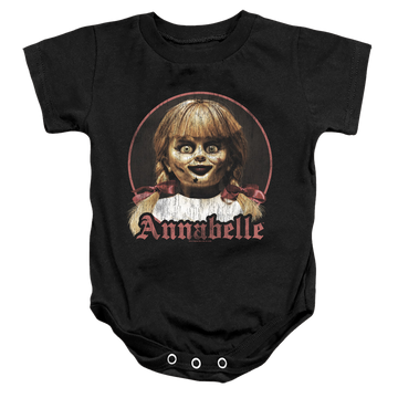 Black baby bodysuit with Annabelle Portrait graphic